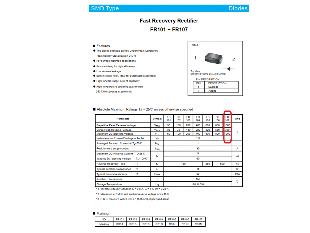 Diodo Alta Recuperacion Schottky FR107 RS1M 1000V 1A SMD x 10 Unidades ...