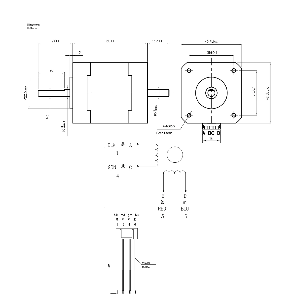 MOTOR PASO PASO NEMA17 42HS60-D508028 60mm 0.9 GRADOS 5mm DOBLE EJE 2