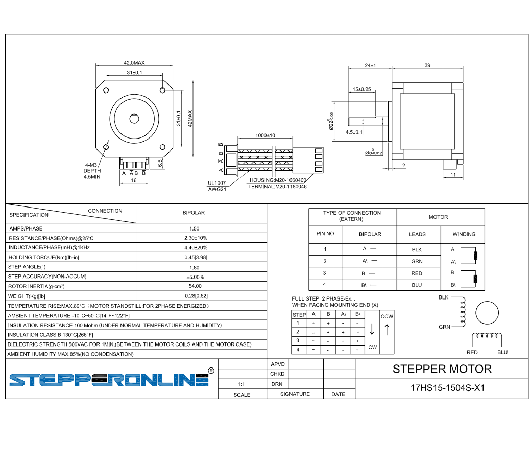 MOTOR PASO PASO 17HS15-1504S-X1 EJE 5mm 1.5A 41mm1