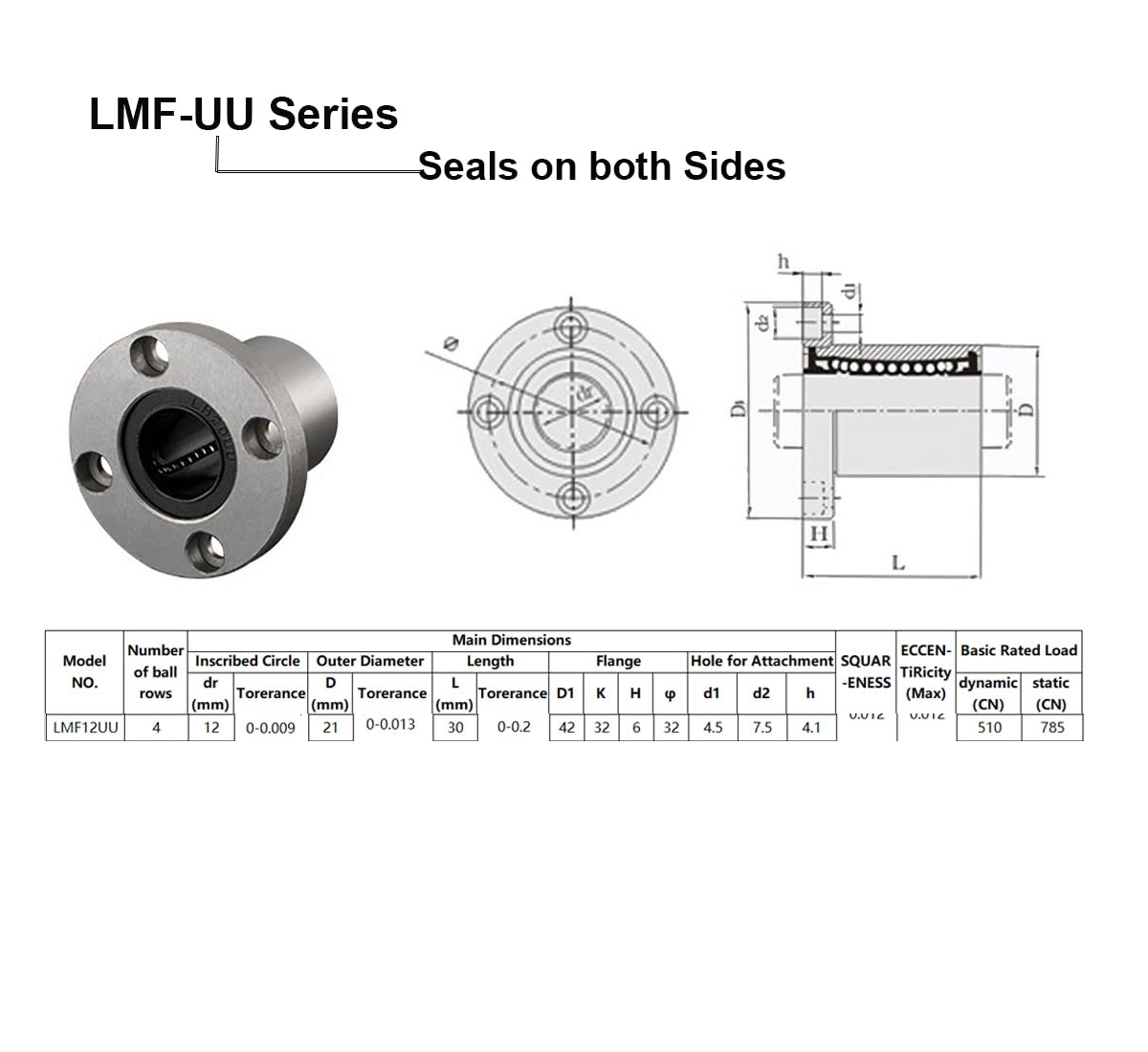 Rodamiento Lineal LMF12UU 57x21x12mm Eje 12mm (2)